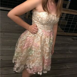 Strapless Lace Dress with Floral Accents
